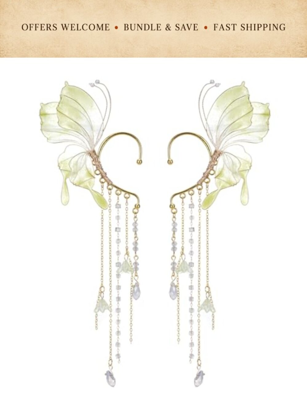 Butterfly Elf Ear Cuffs Fairy Tassel Non Pierced Renaissance Costume